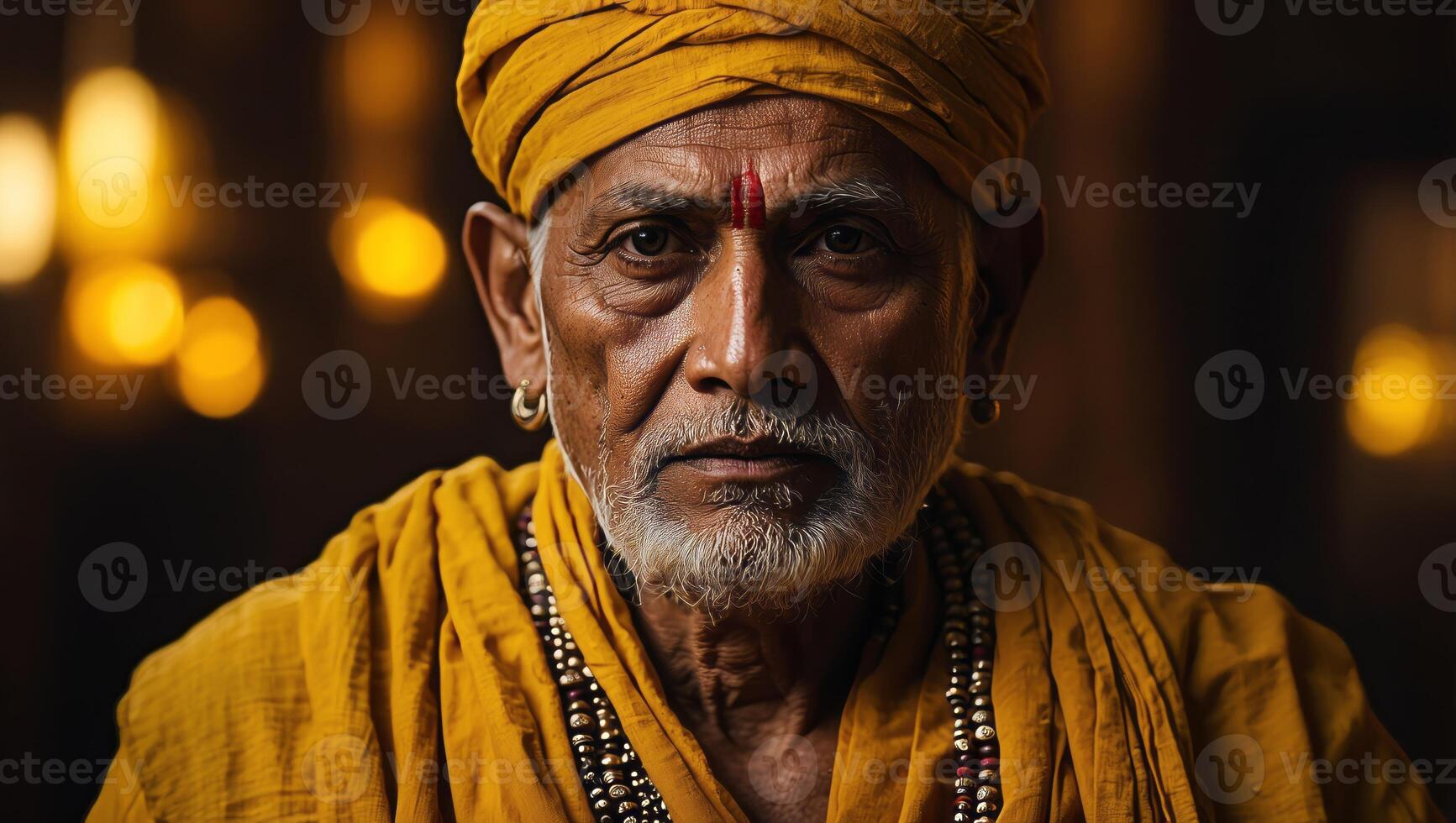 Old Indian monk in a traditional yellow outfit. photo