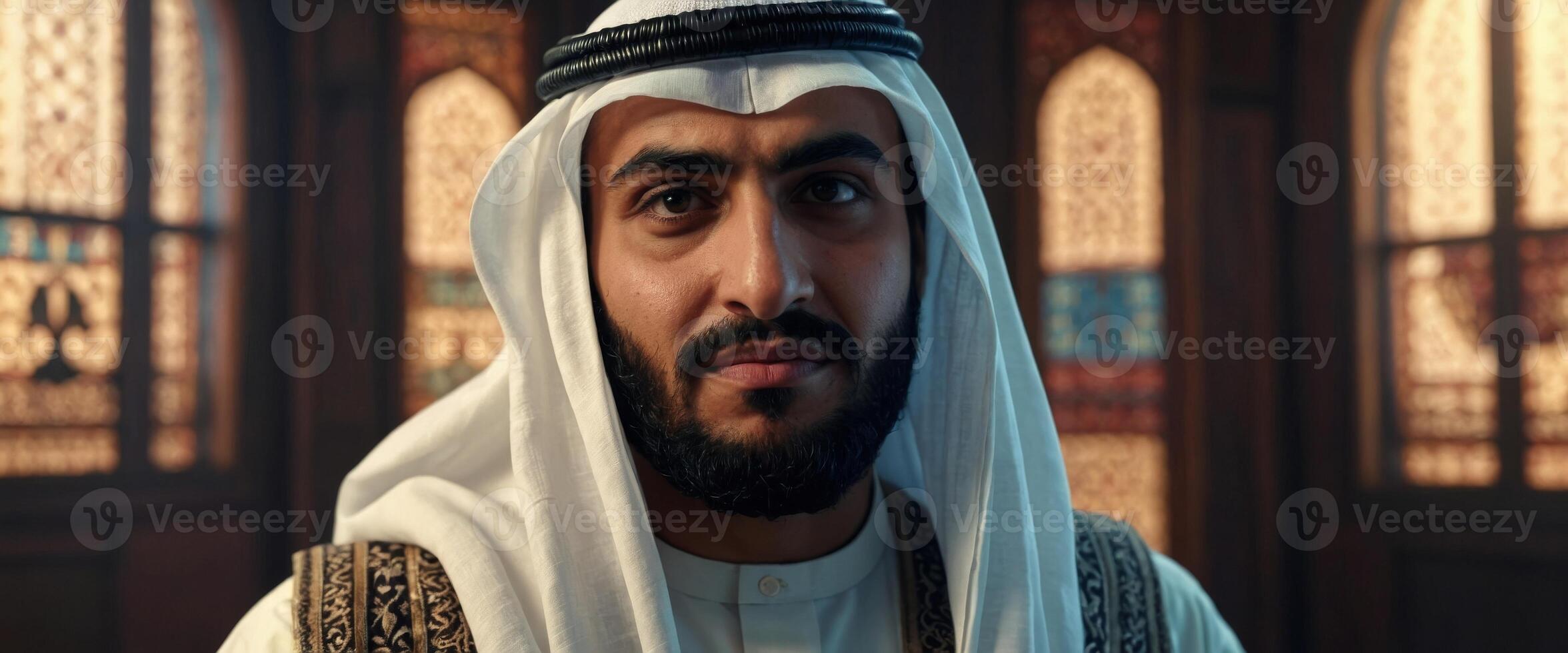 An Arab Muslim Man Character Constructor Kit offers various facial expressions, body parts, and business accessories for animation and customization. photo