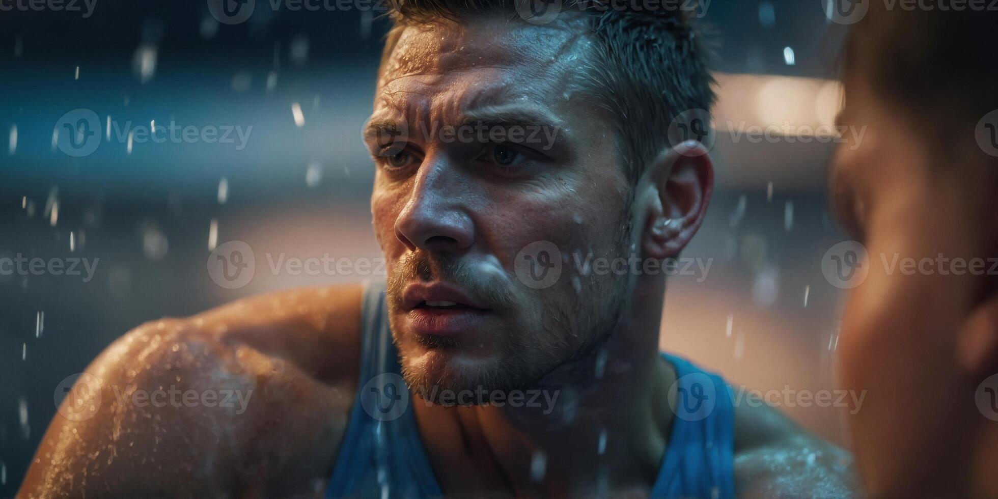 Closeup of an athletes face as they wince in discomfort while undergoing cryotherapy but also wearing a determined expression knowing it will benefit their performance. photo