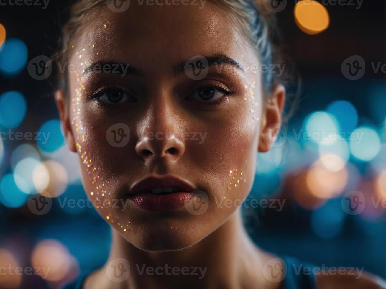 A closeup of a dancers face lit up by the vibrant and constantly shifting quantum dot lights. photo