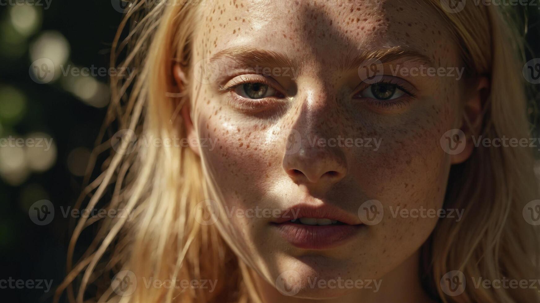Natural young woman with freckles in sunlight with shadows on face Natural beauty close-up of a blond woman. photo