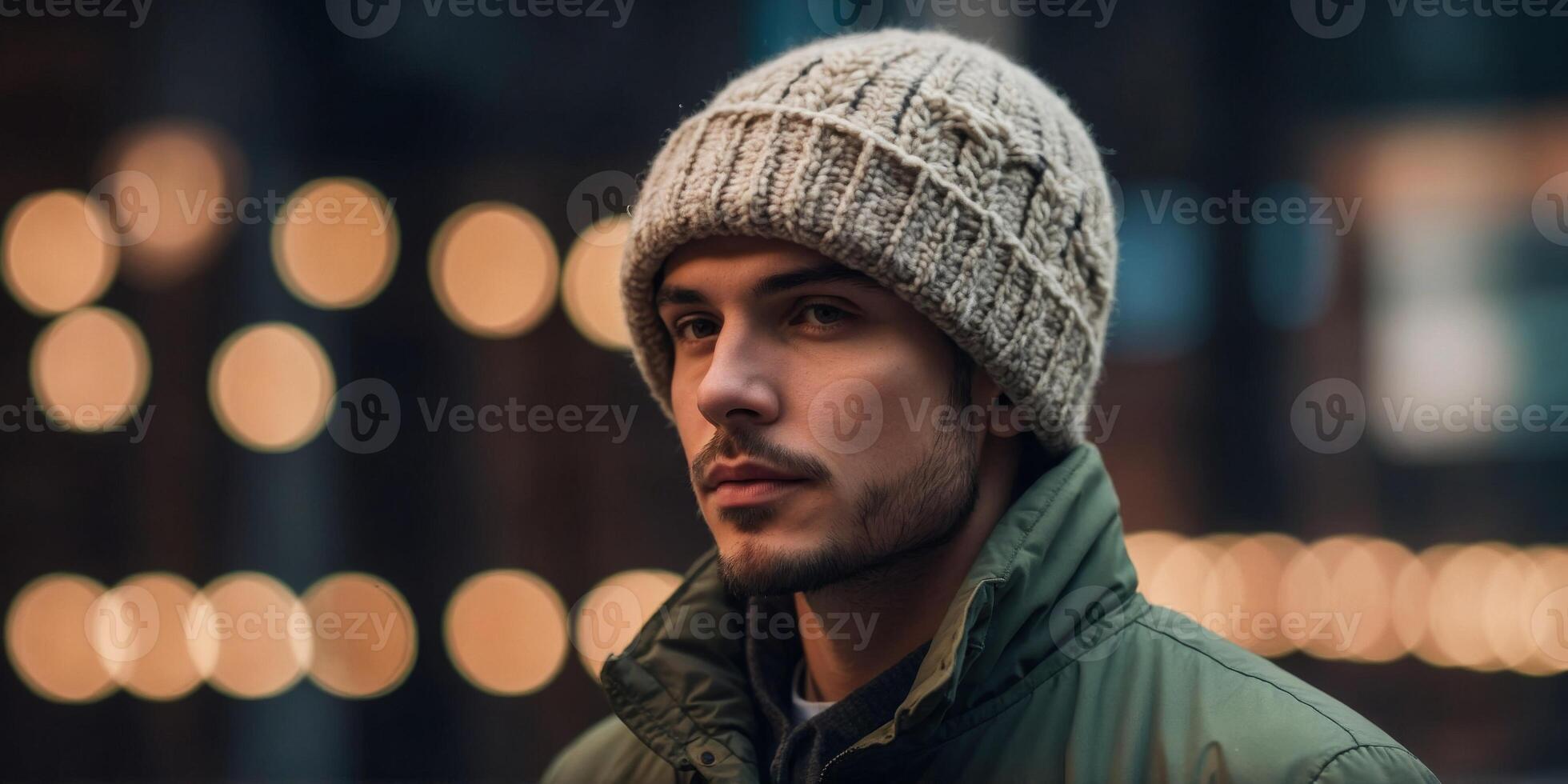 A wool hat mockup with a classic toque style, displayed on a mannequin head with a parka coat. photo