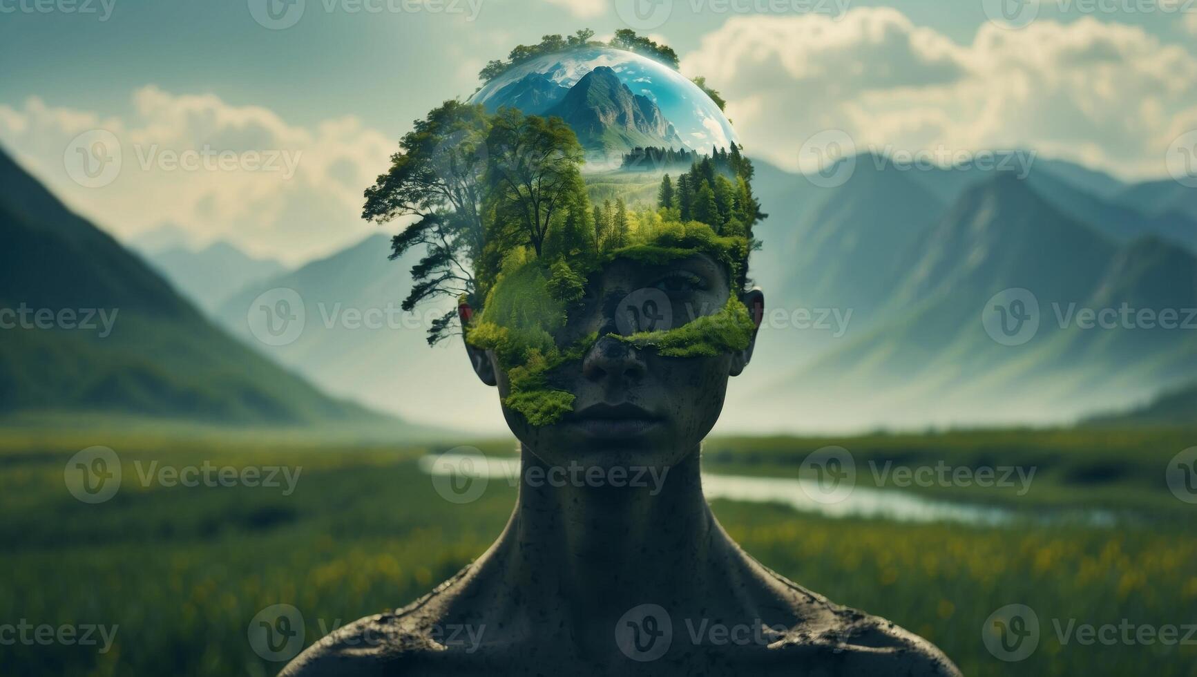 Environmental awareness Double exposure of human head and nature landscape Conceptual image. photo