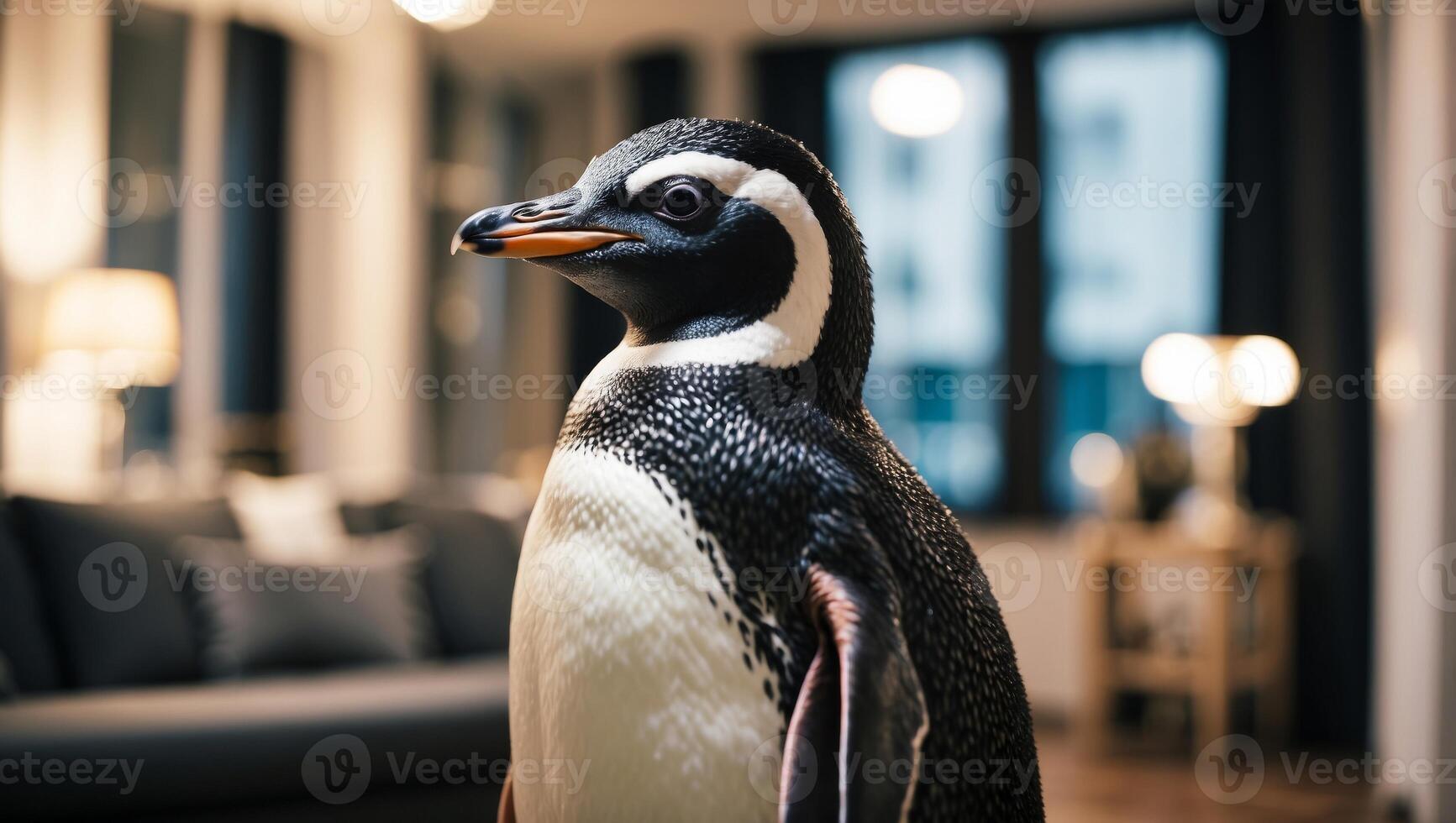 Closeup polar penguin standing in a modern apartment. photo