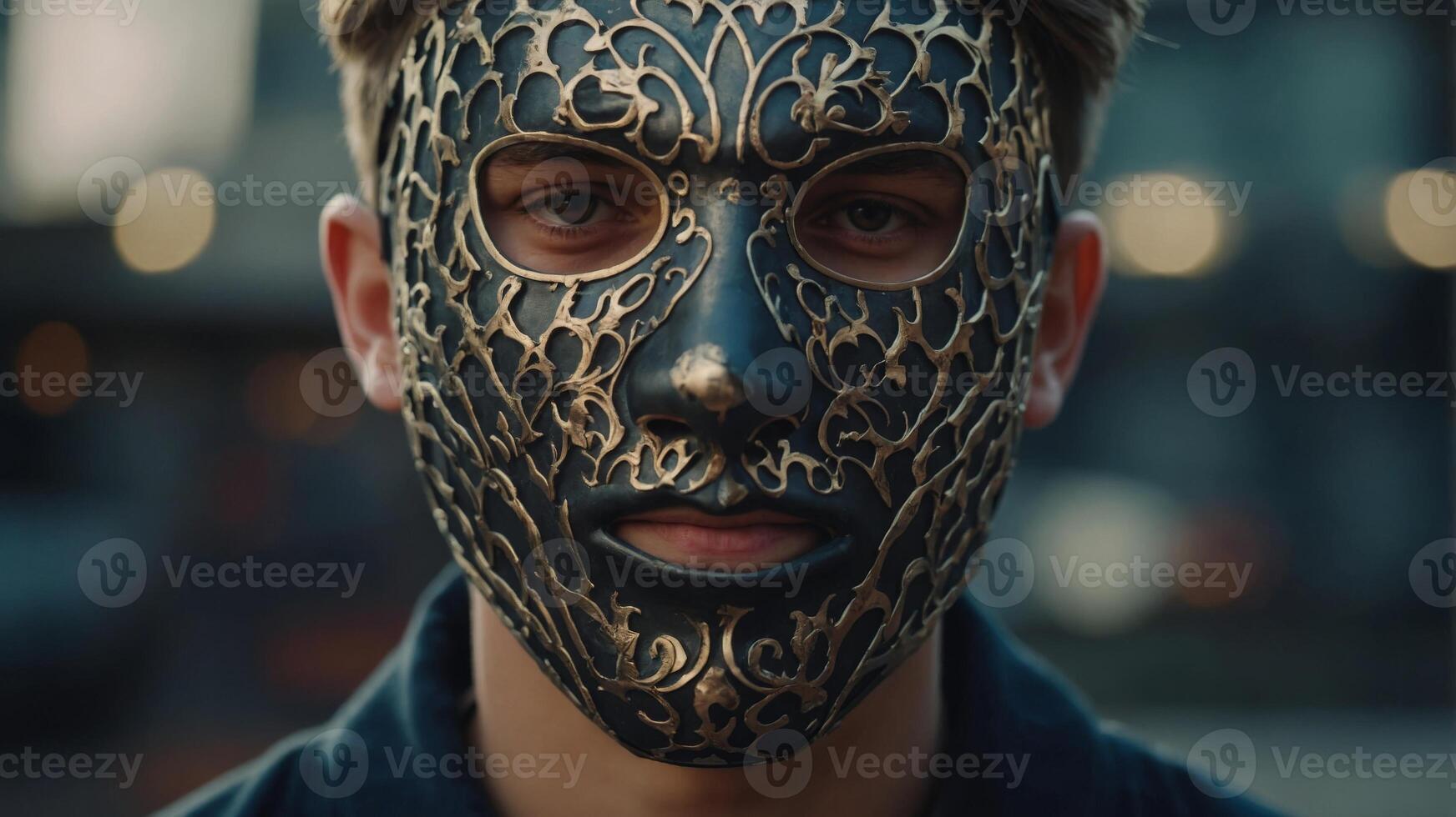 Masked man teenager expressing different emotions face expressions. photo