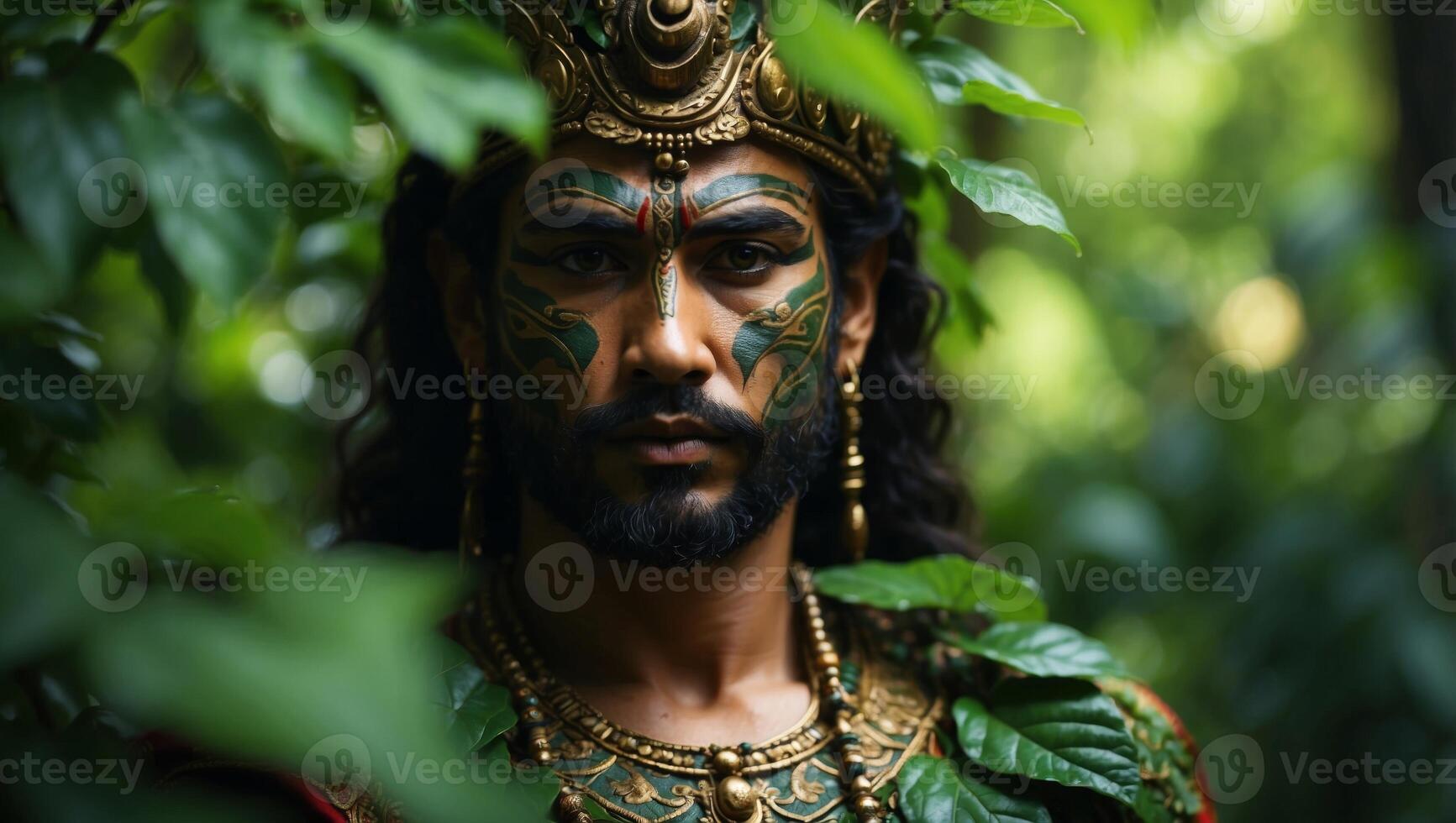 Face of mythologic god on the background of green leaves. photo