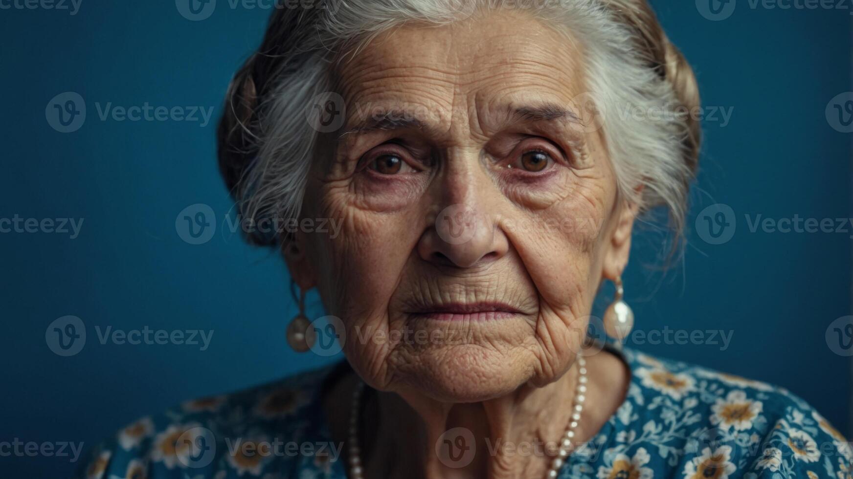 Old woman grandmother face on blue background, close up view. photo