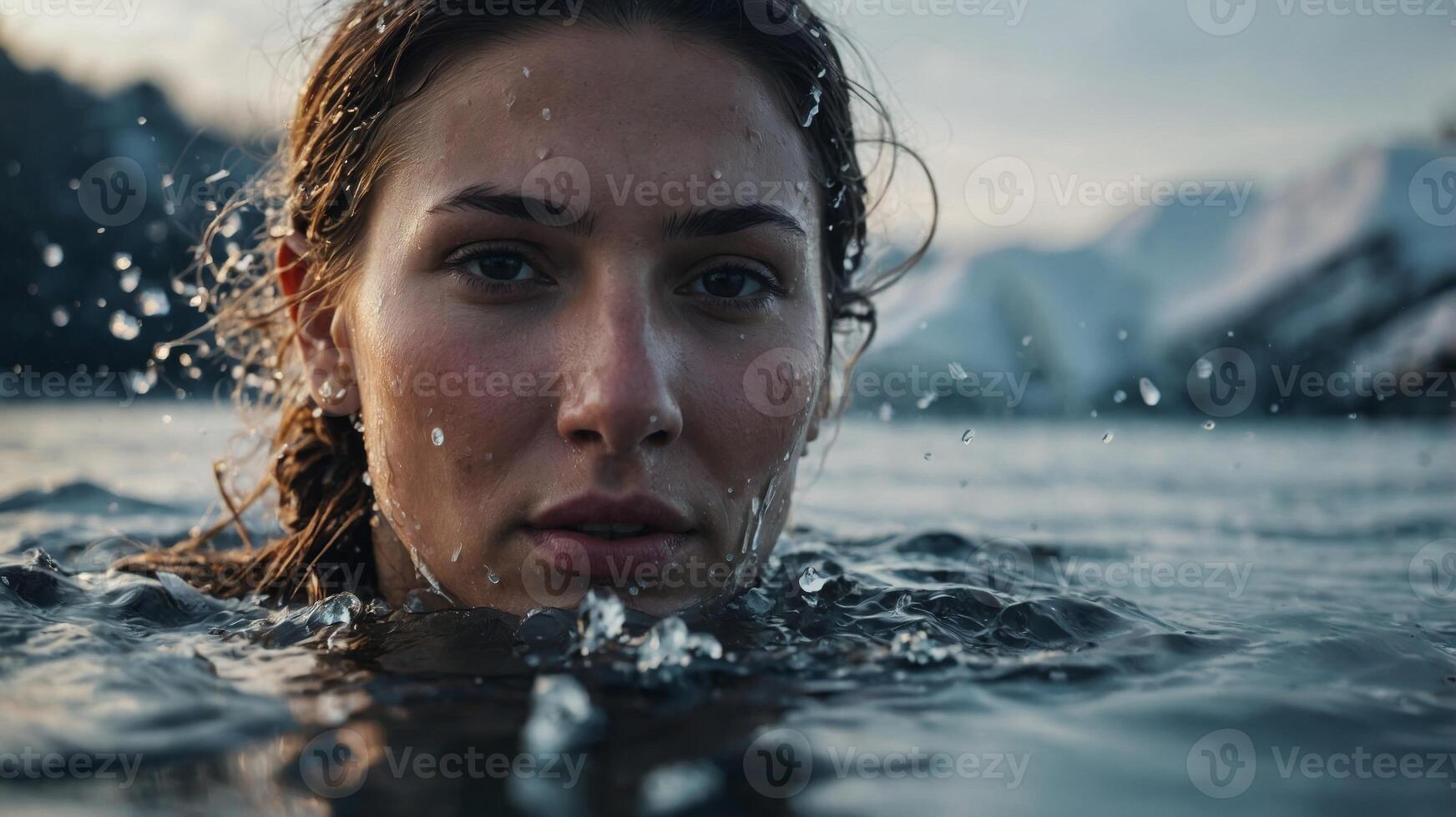 A closeup of a persons face as they bravely dip their head under the icy water. photo