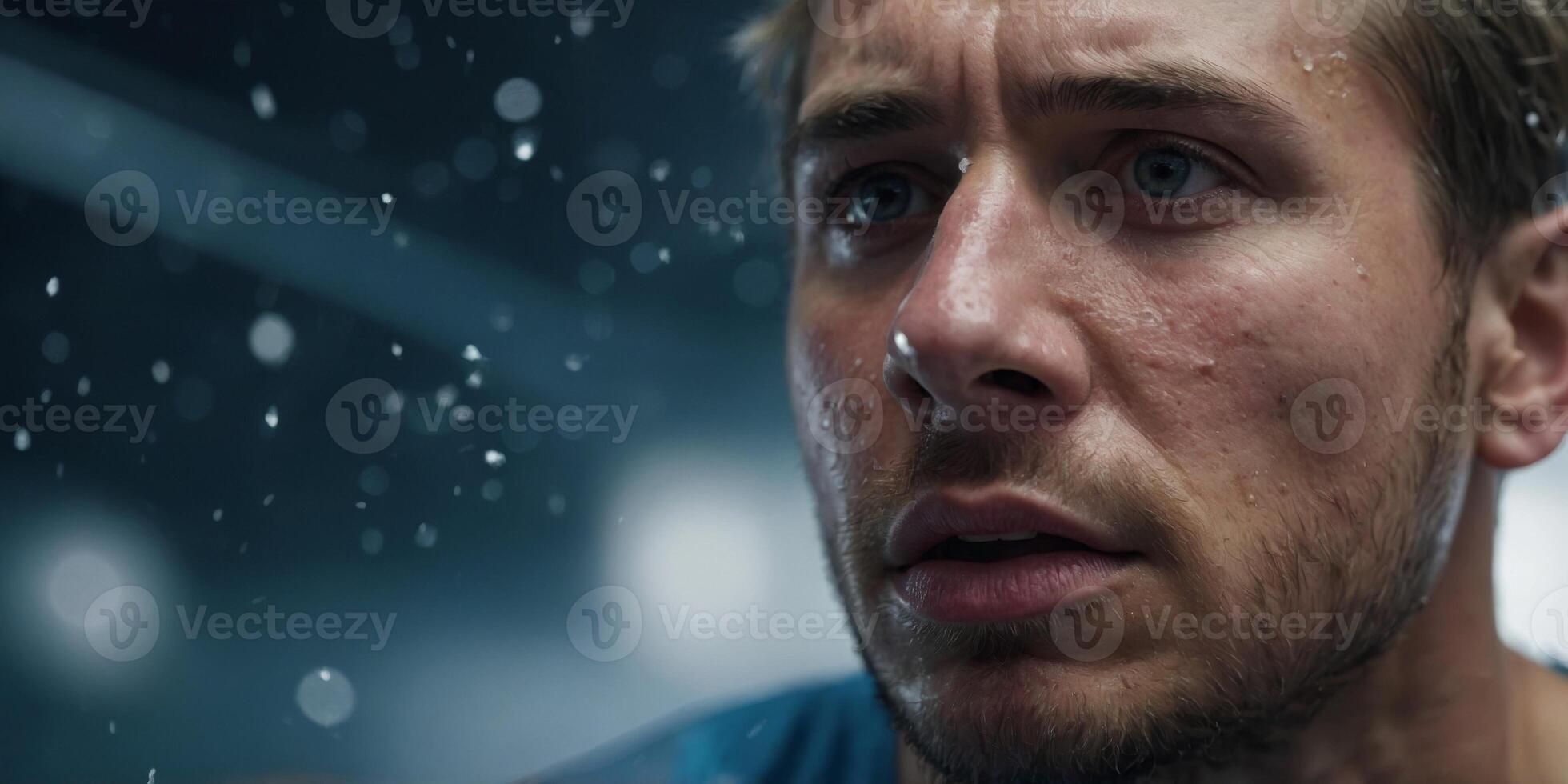 Closeup of an athletes face as they wince in discomfort while undergoing cryotherapy but also wearing a determined expression knowing it will benefit their performance. photo