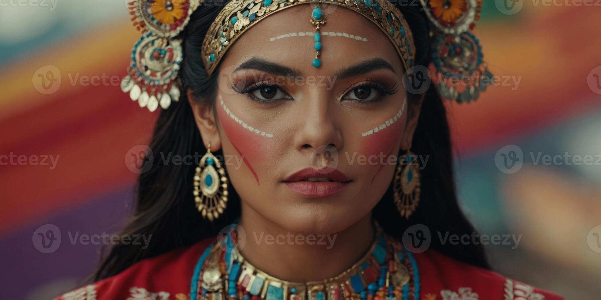Peruvian Beauty Professional Makeup Showcasing Cultural Heritage in Advertising Banner. photo