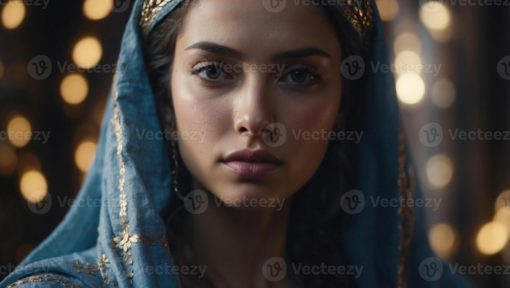Close-up of the face of the Virgin Mary on a textured background. photo