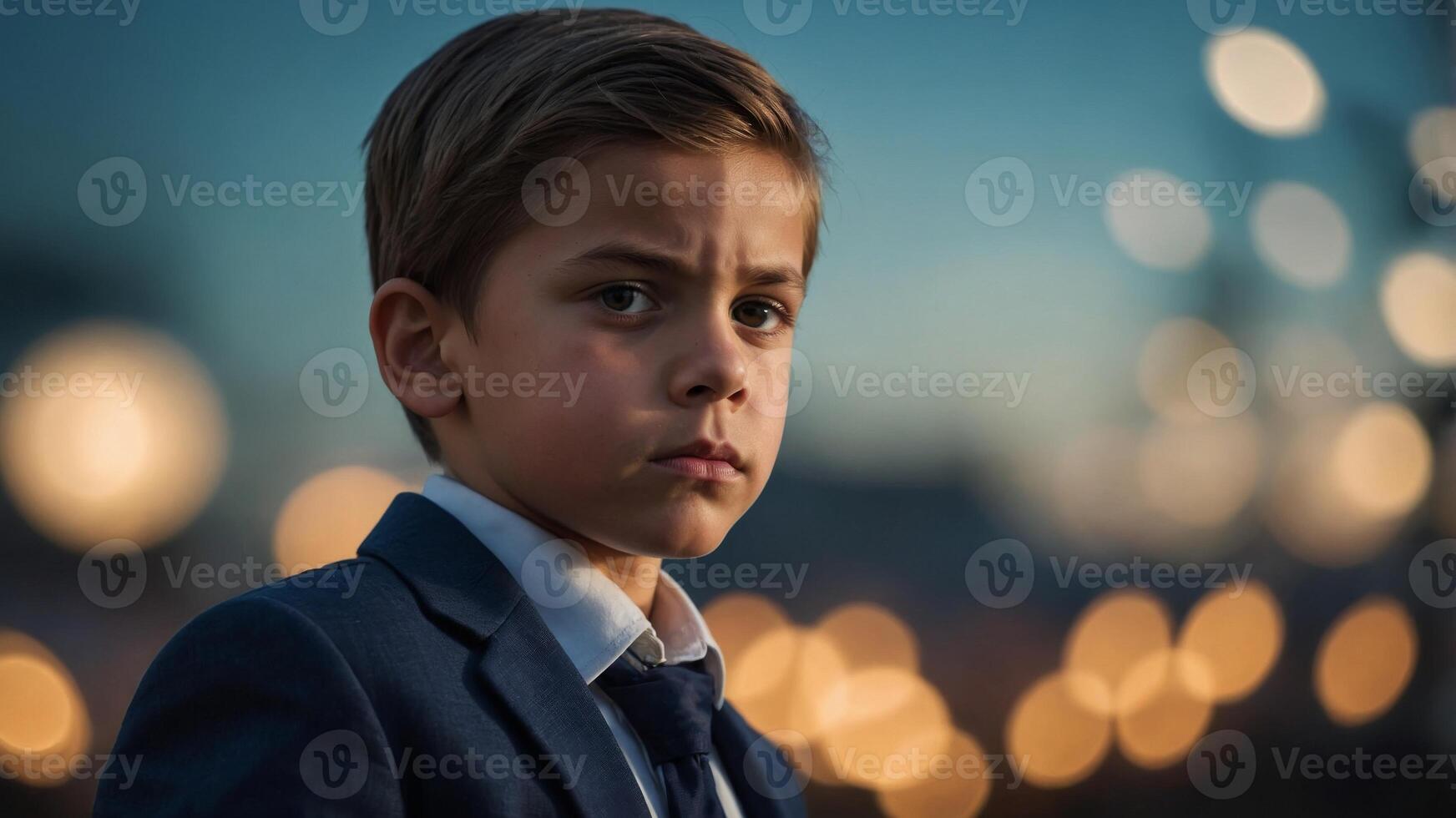 Confident Young Boy in a Suit using Serious Expression. photo