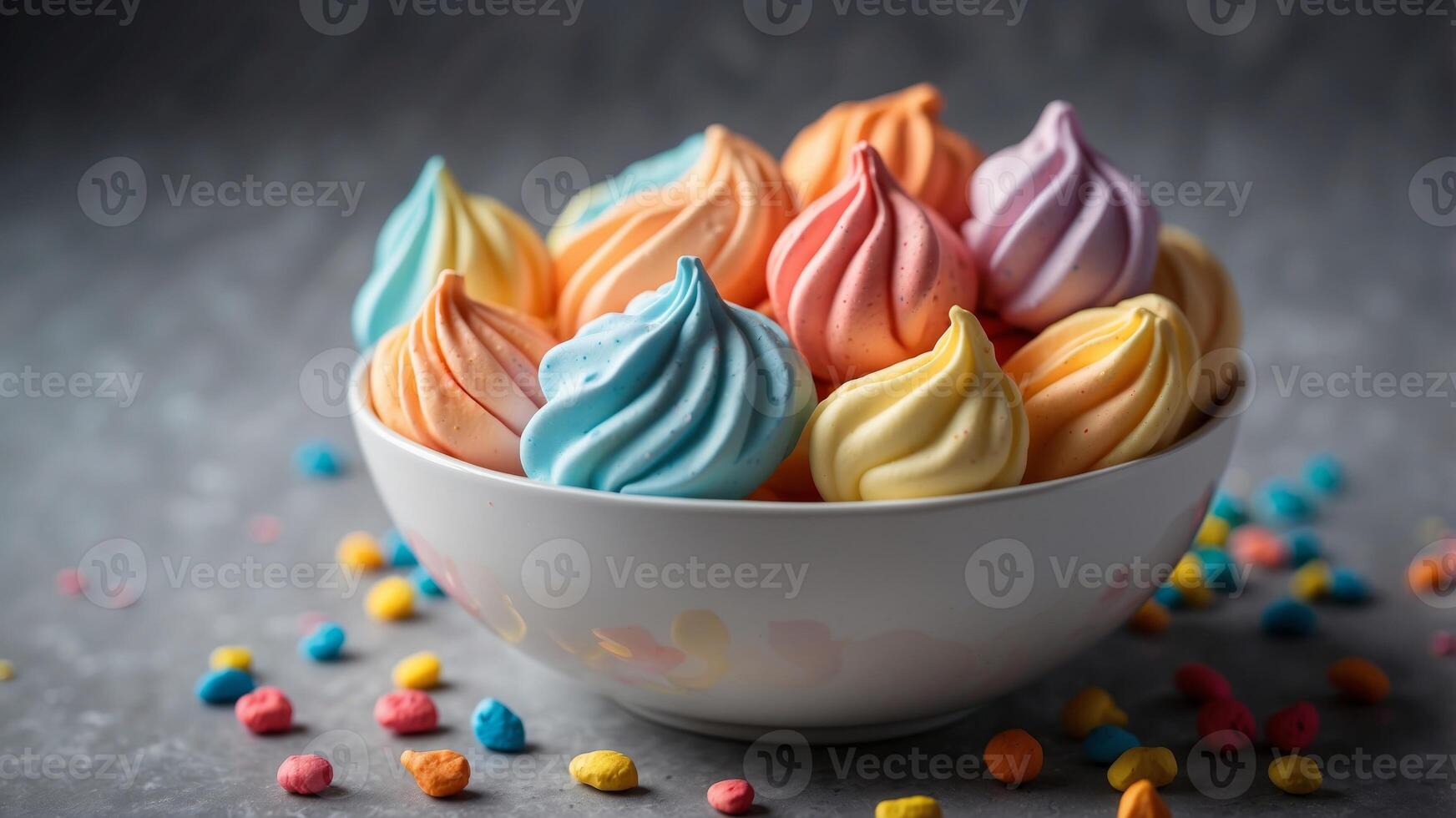 Colorful Meringue Cookies in a Bowl with Sprinkles. photo