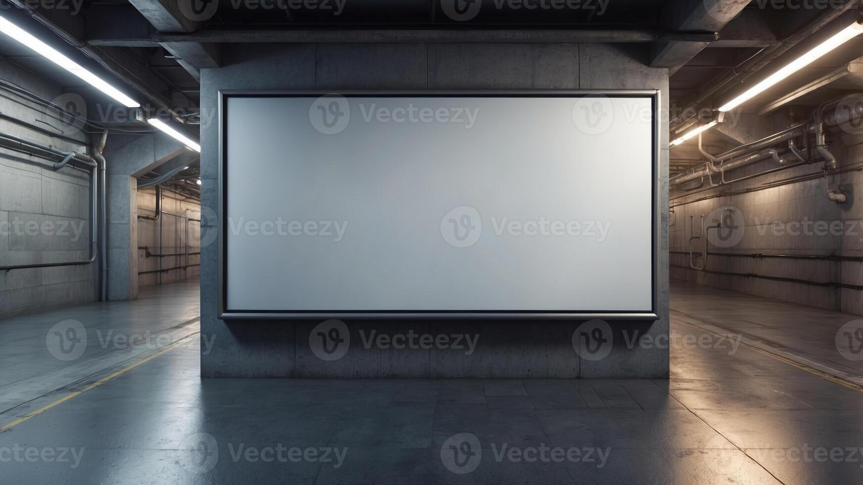 Extensive blank billboard in an underground utility space with complex pipe networks. photo