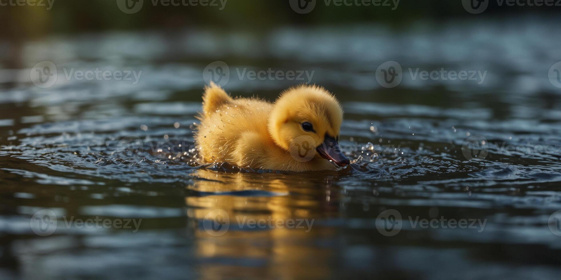 Joyful yellow duckling splashing in a serene river. photo