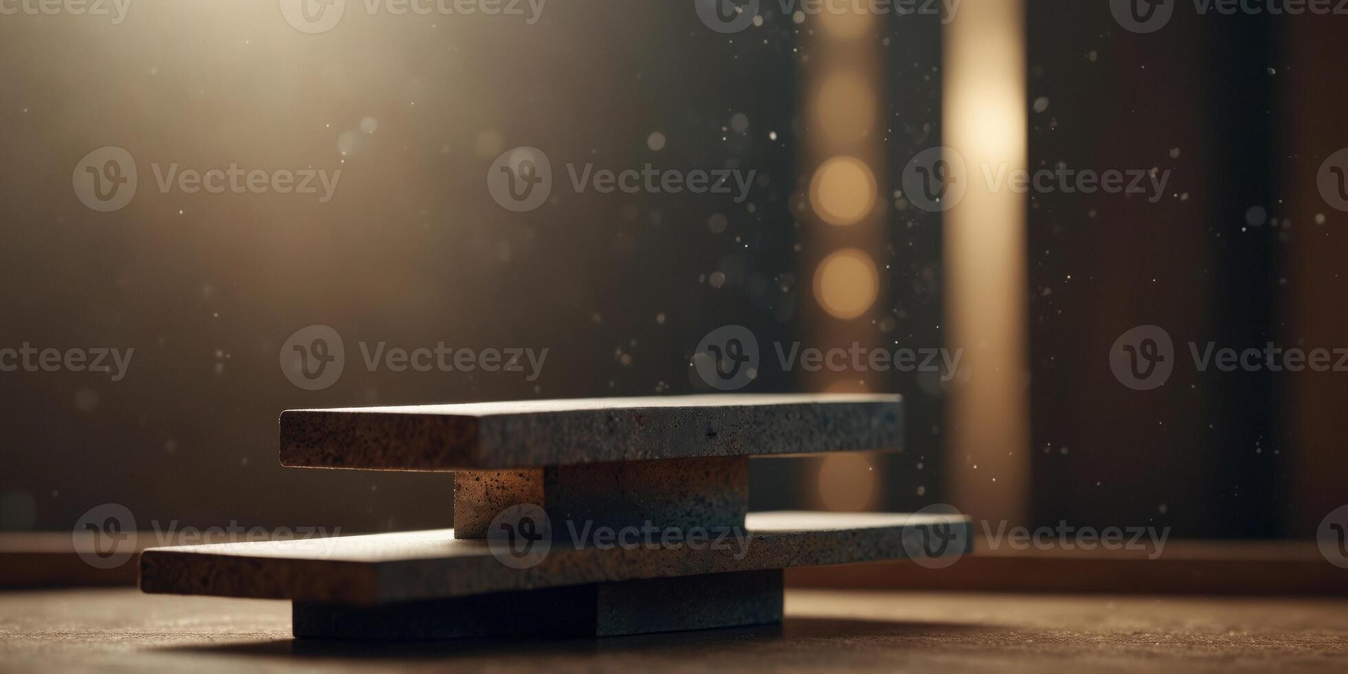 Light falls on an abstract sculpture resembling an inclined plane in a minimalist space Podium for your product presentation. photo