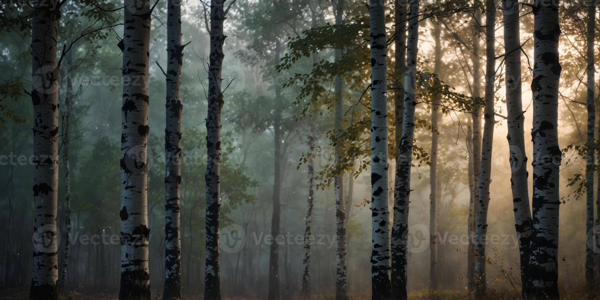 Serene misty birch forest in tranquil morning. photo