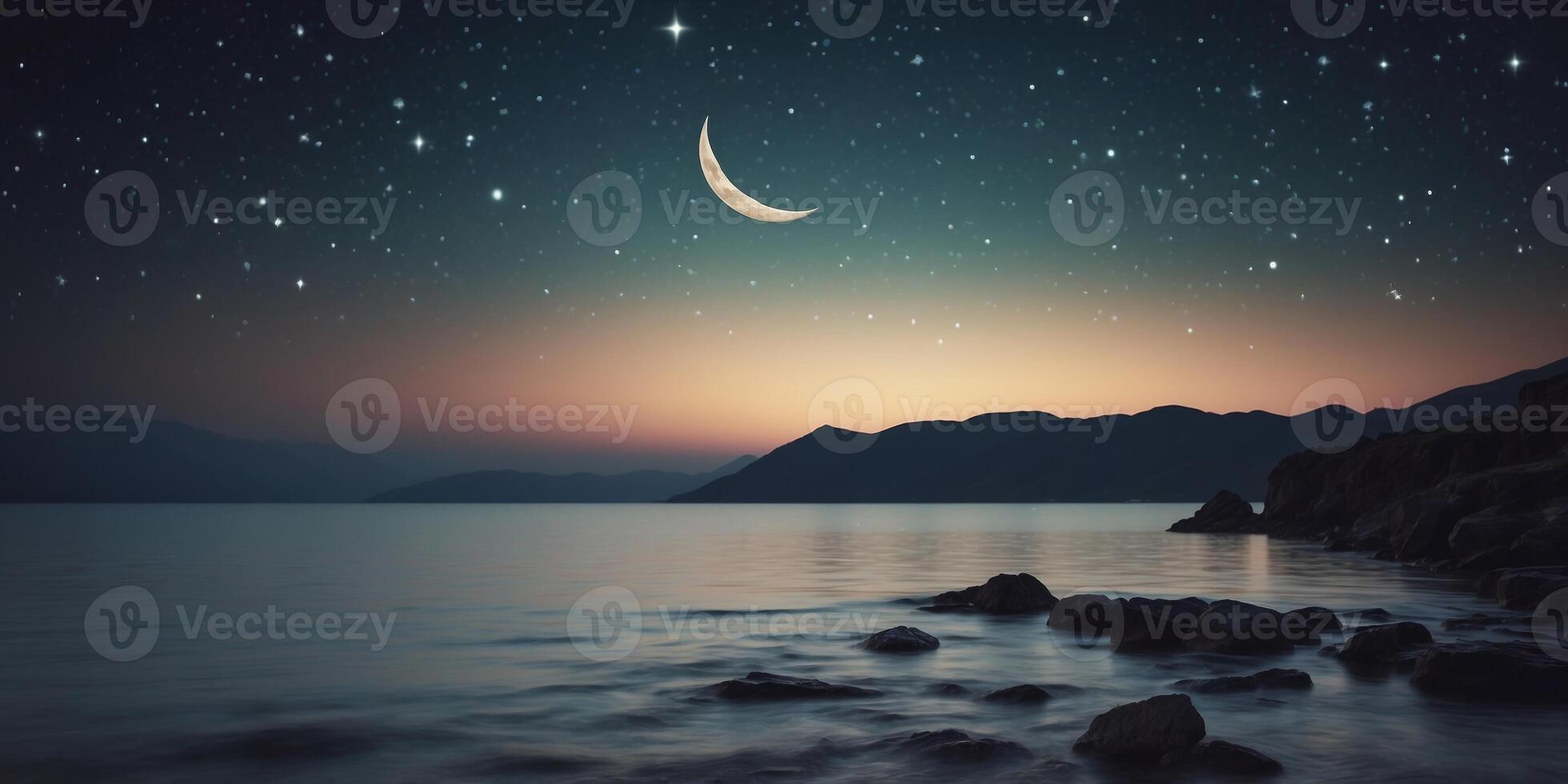 Serene nocturnal seascape with crescent moon and stars. photo