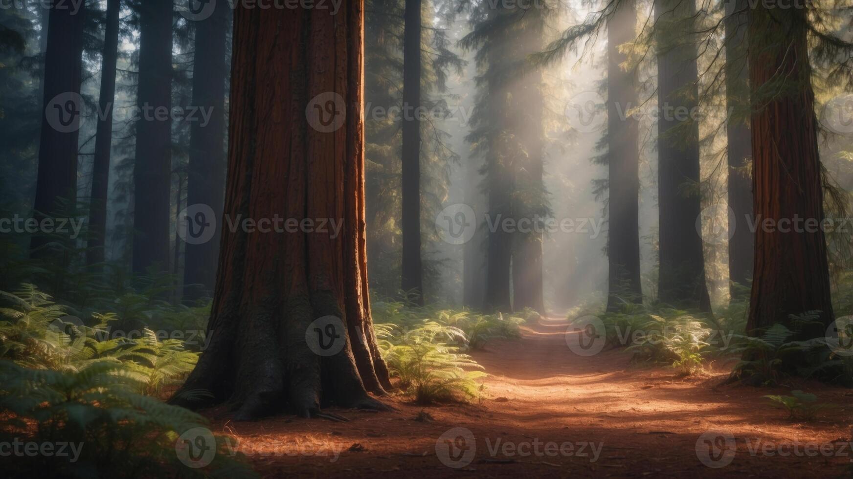a scene highlighting the beauty of towering redwoods in a peaceful forest grove. photo