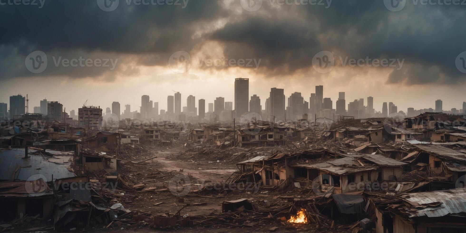 A dystopian portrayal of a city ravaged by disaster featuring collapsing buildings and a tumultuous sky. photo
