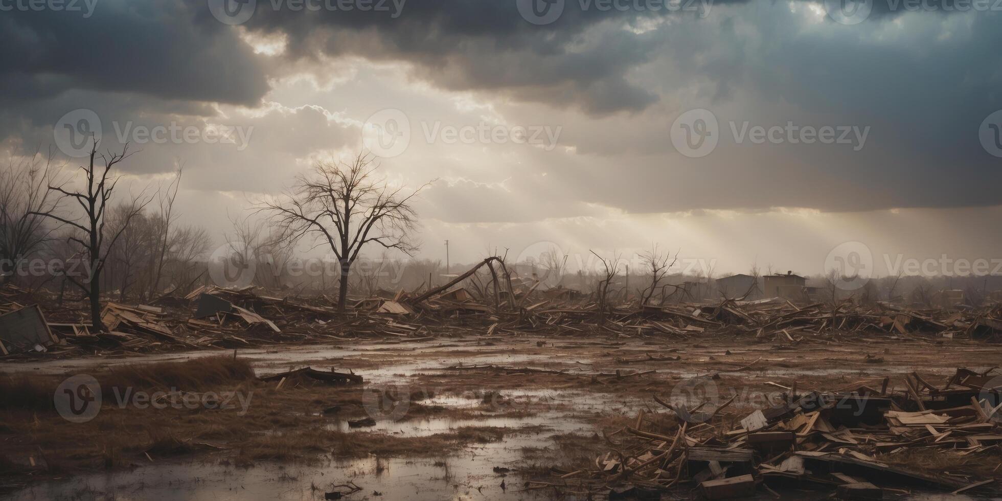 Aftermath of Destruction - Tornado Dissipating with Calm Sky Resuming over Devastated Landscape. photo