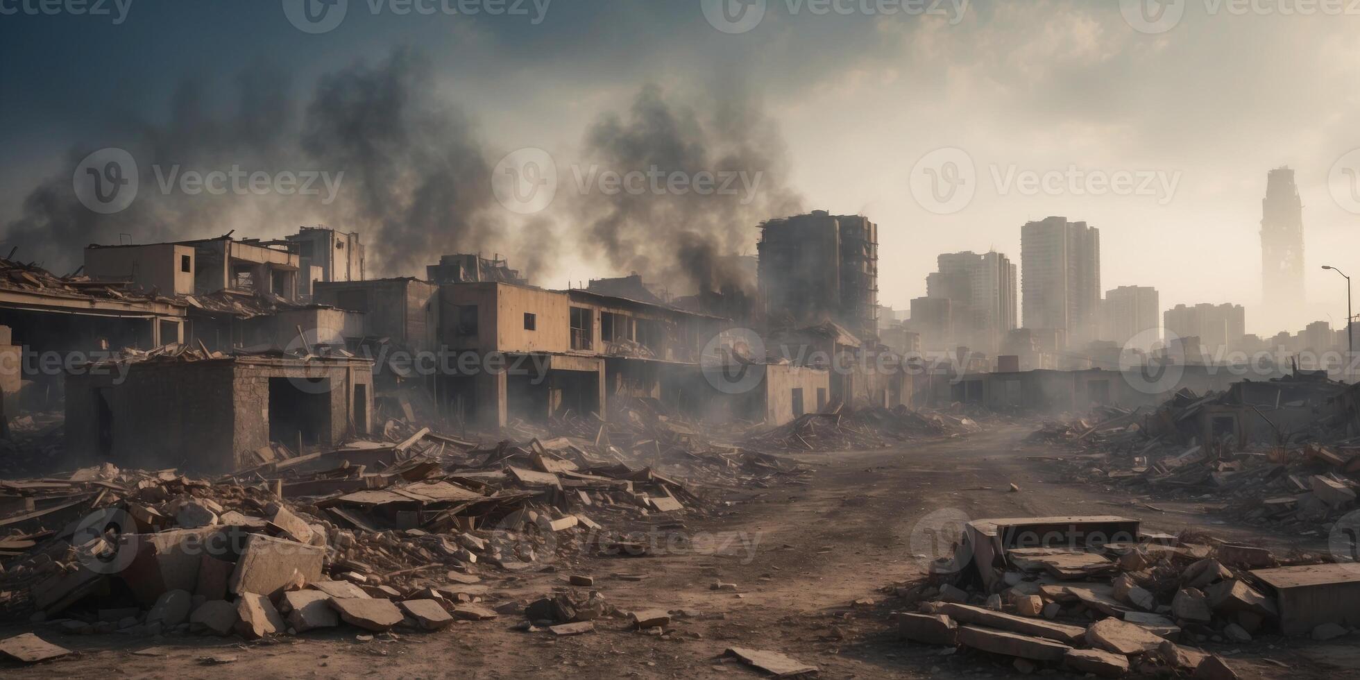Post Apocalyptic Cityscape Destroyed Buildings Rubble Smoke and Sky. photo