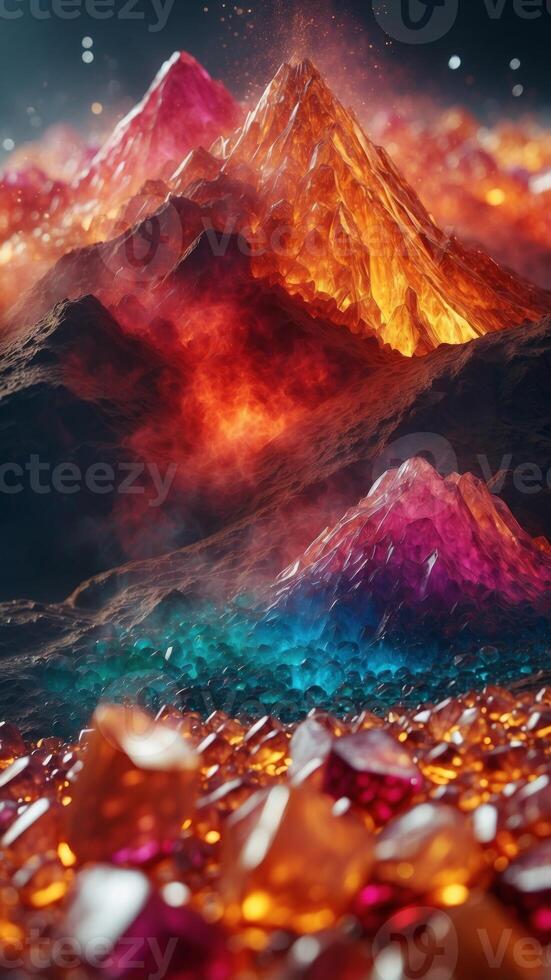 A volcano that erupts liquid gemstones, cascading into a river of crystals. photo