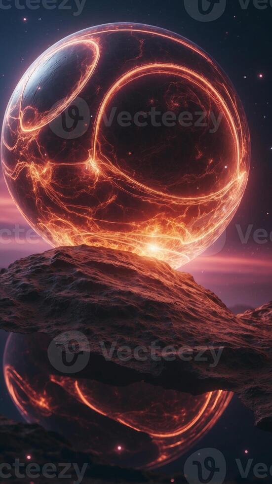 Alien spaceships with neon trails zipping through the atmosphere of a distant planet. photo