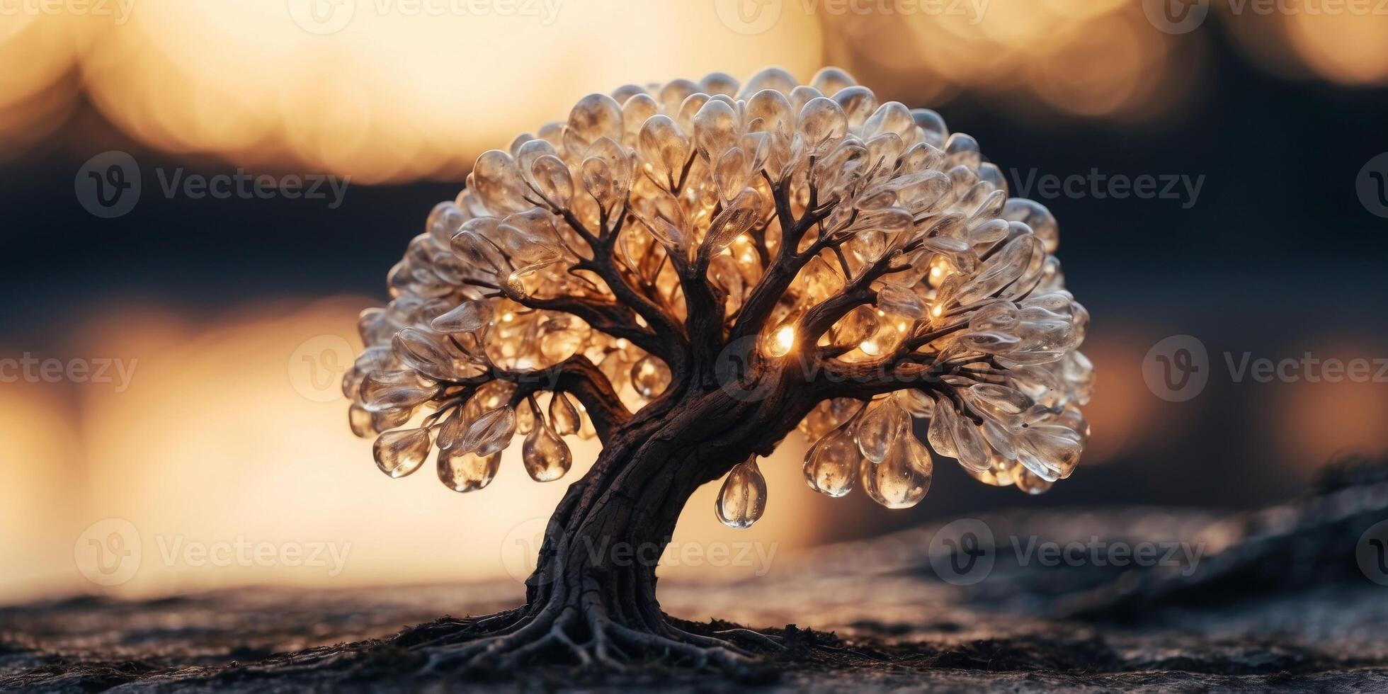 A glowing crystal tree with roots that extend deep into the earth, glowing with power. photo