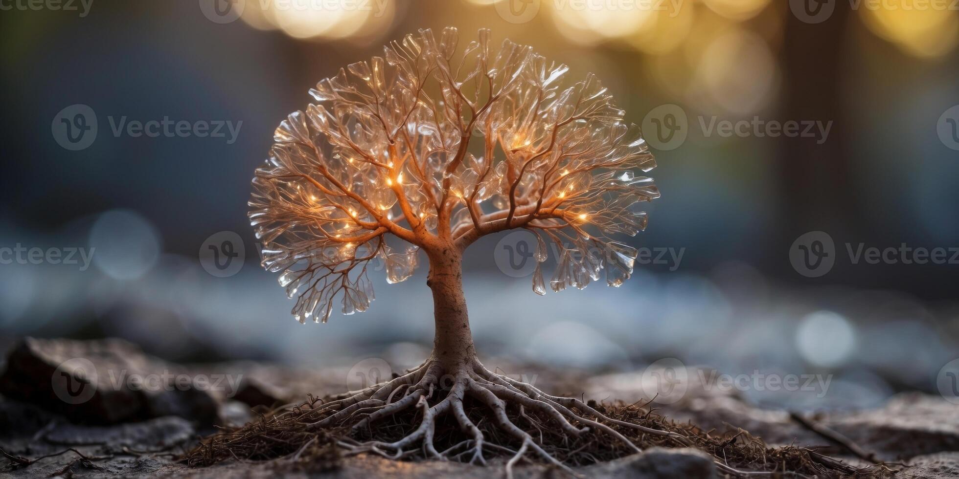 A glowing crystal tree with roots that extend deep into the earth, glowing with power. photo
