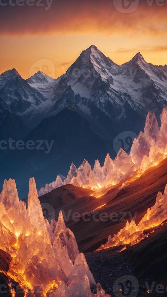 A mountain range where the peaks are made of ice and the valleys glow with fire. photo