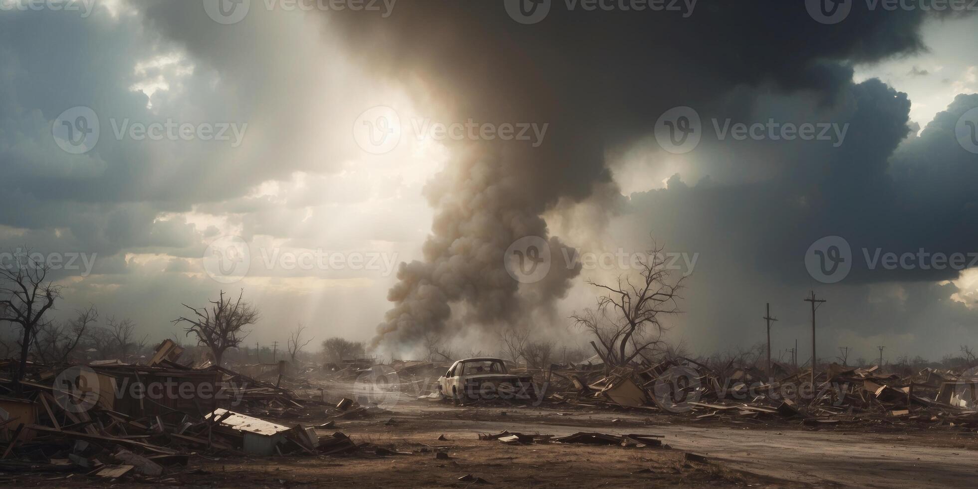 Aftermath of Destruction - Tornado Dissipating with Calm Sky Resuming over Devastated Landscape. photo