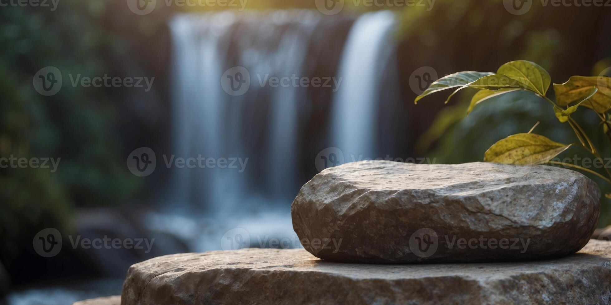 nature stone podium for display product with waterfall background. photo