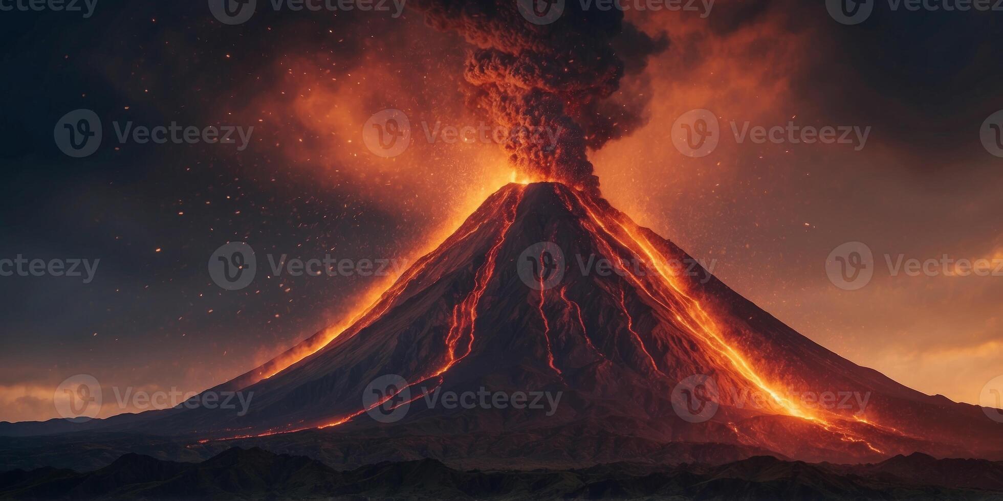 powerful and dramatic scene of an erupting volcano. photo