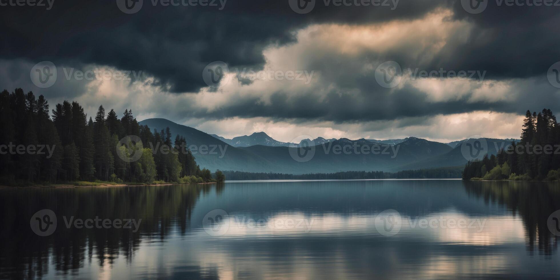 Ominous Dark Clouds Rolling in Over Serene Lake - Nature's Storm Approaches. photo