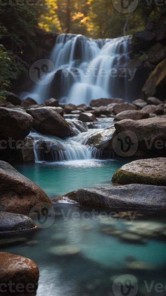 A waterfall cascading over smooth rocks, with an empty, glowing pool at the base. photo