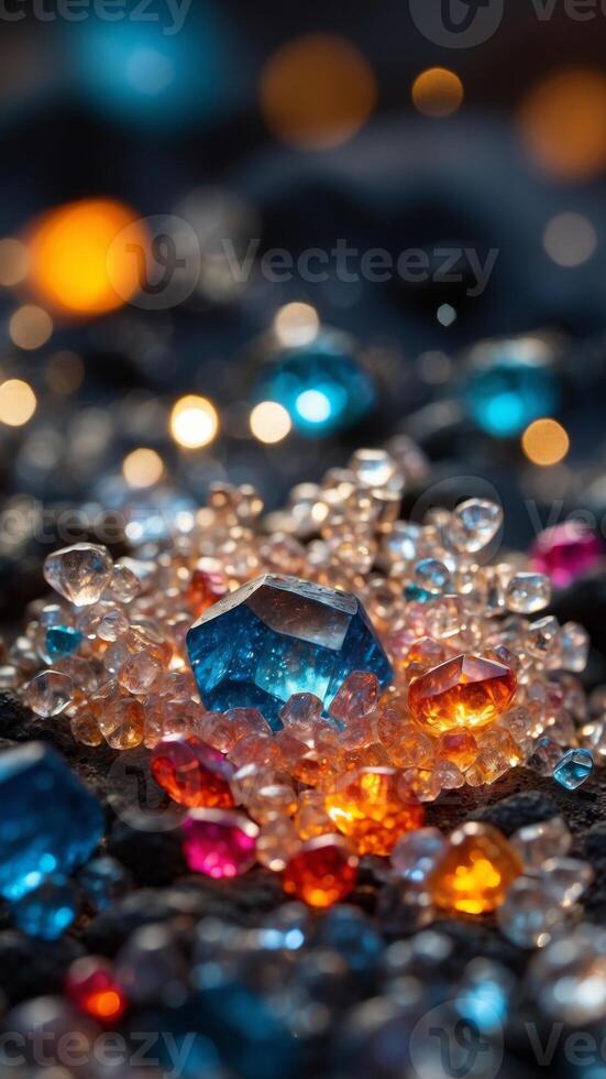 A volcano that erupts liquid gemstones, cascading into a river of crystals. photo