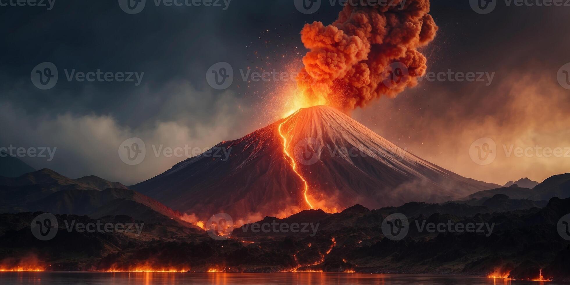 powerful and dramatic scene of an erupting volcano. photo