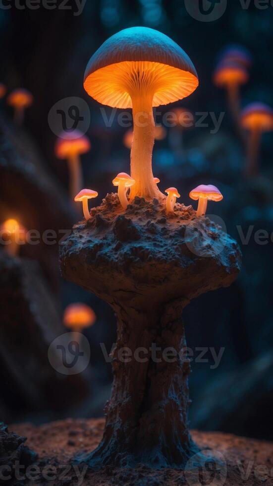 A glowing, empty pedestal in a cavern of bioluminescent fungi. photo