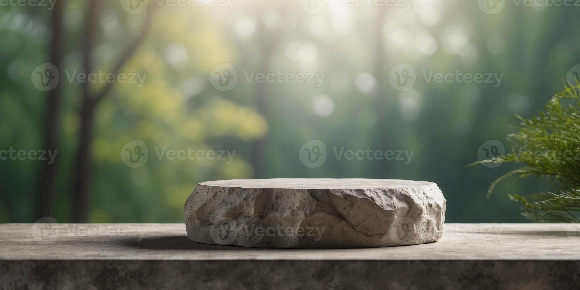 Natural stone and concrete podium in natural green background for empty show for packaging product presentation. photo