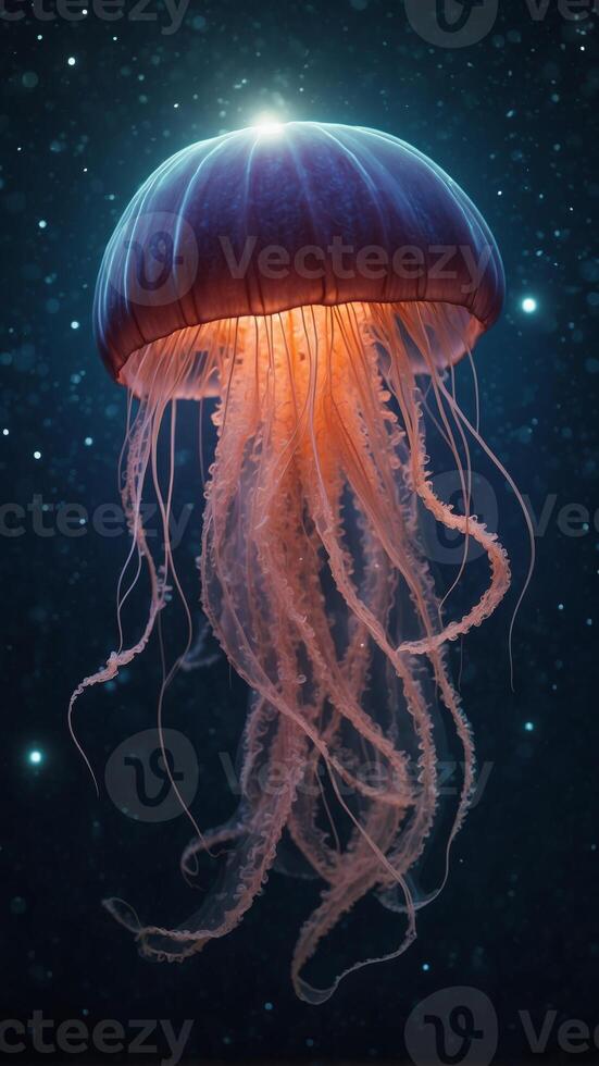 A giant jellyfish floating through space, its tentacles catching the light of stars. photo