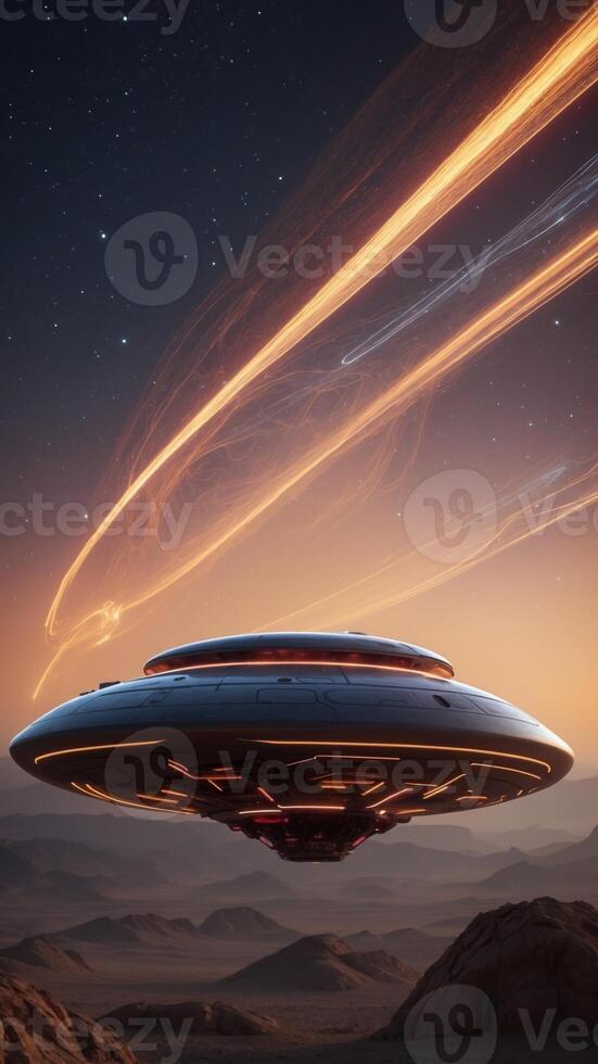 Alien spaceships with neon trails zipping through the atmosphere of a distant planet. photo
