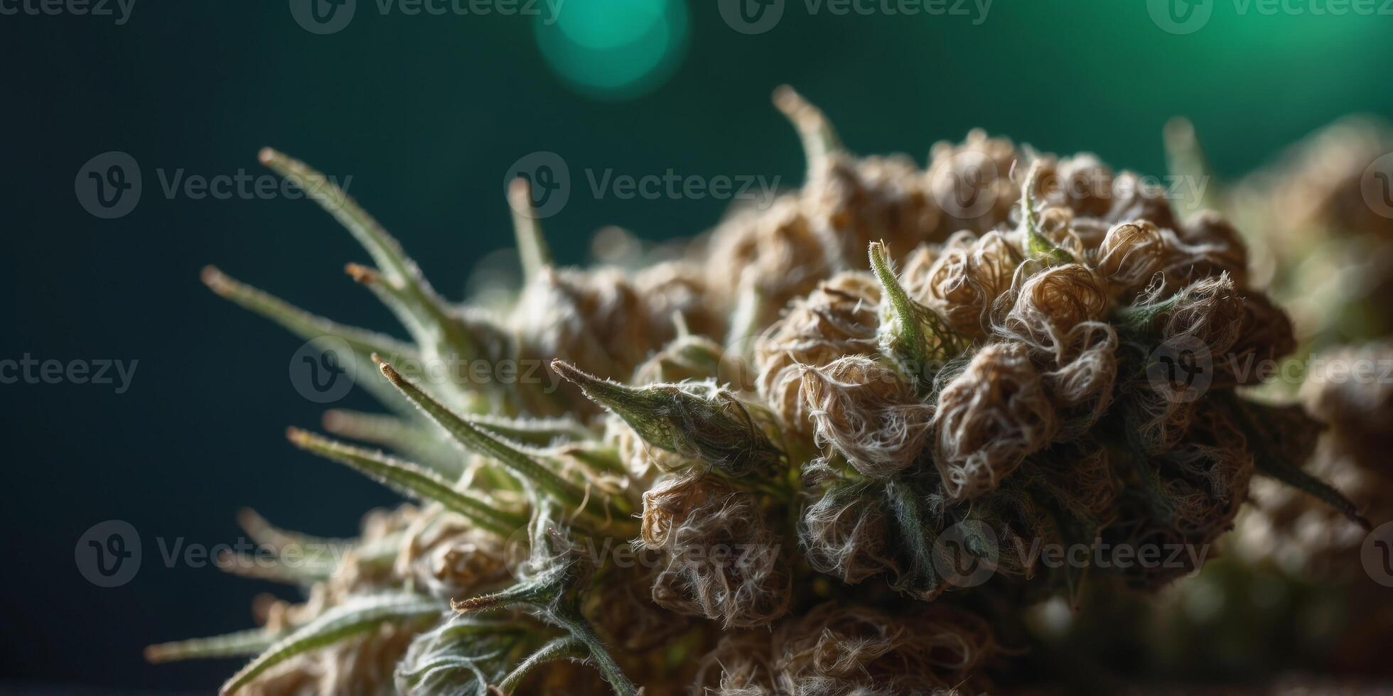 Close up of a dried cannabis bud with visible crystals and leaves on a emerald background. photo