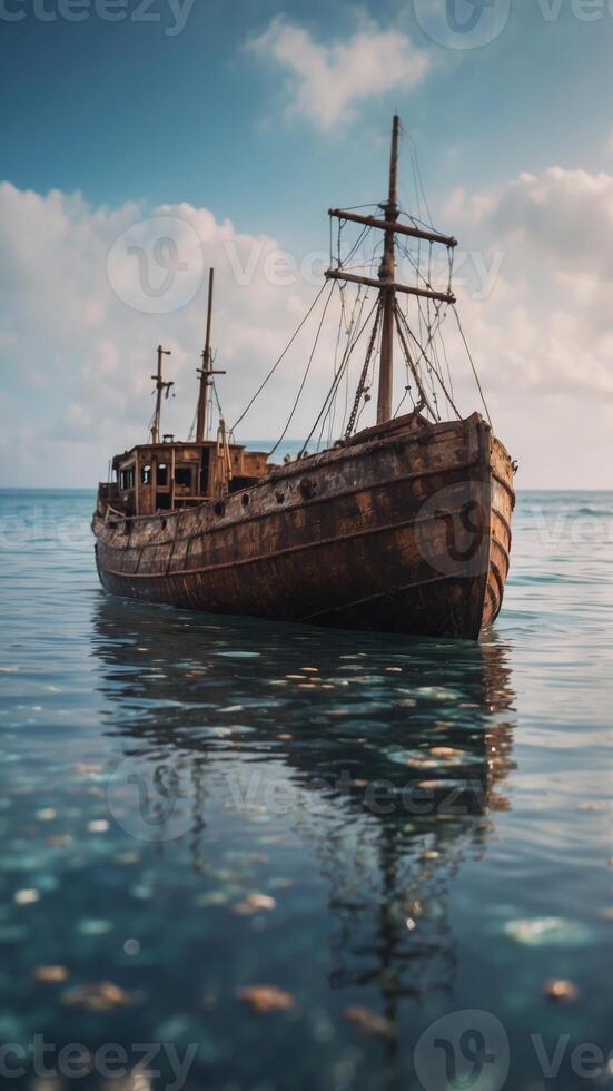 A shipwreck frozen in time, floating in the middle of a crystal-clear sea. photo