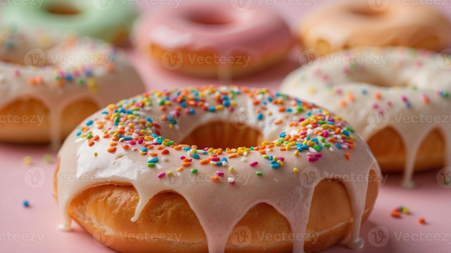 Close up of Glazed Doughnut with Colorful Sprinkles on Pastel Background Baked Bread and Pastries Concept. photo