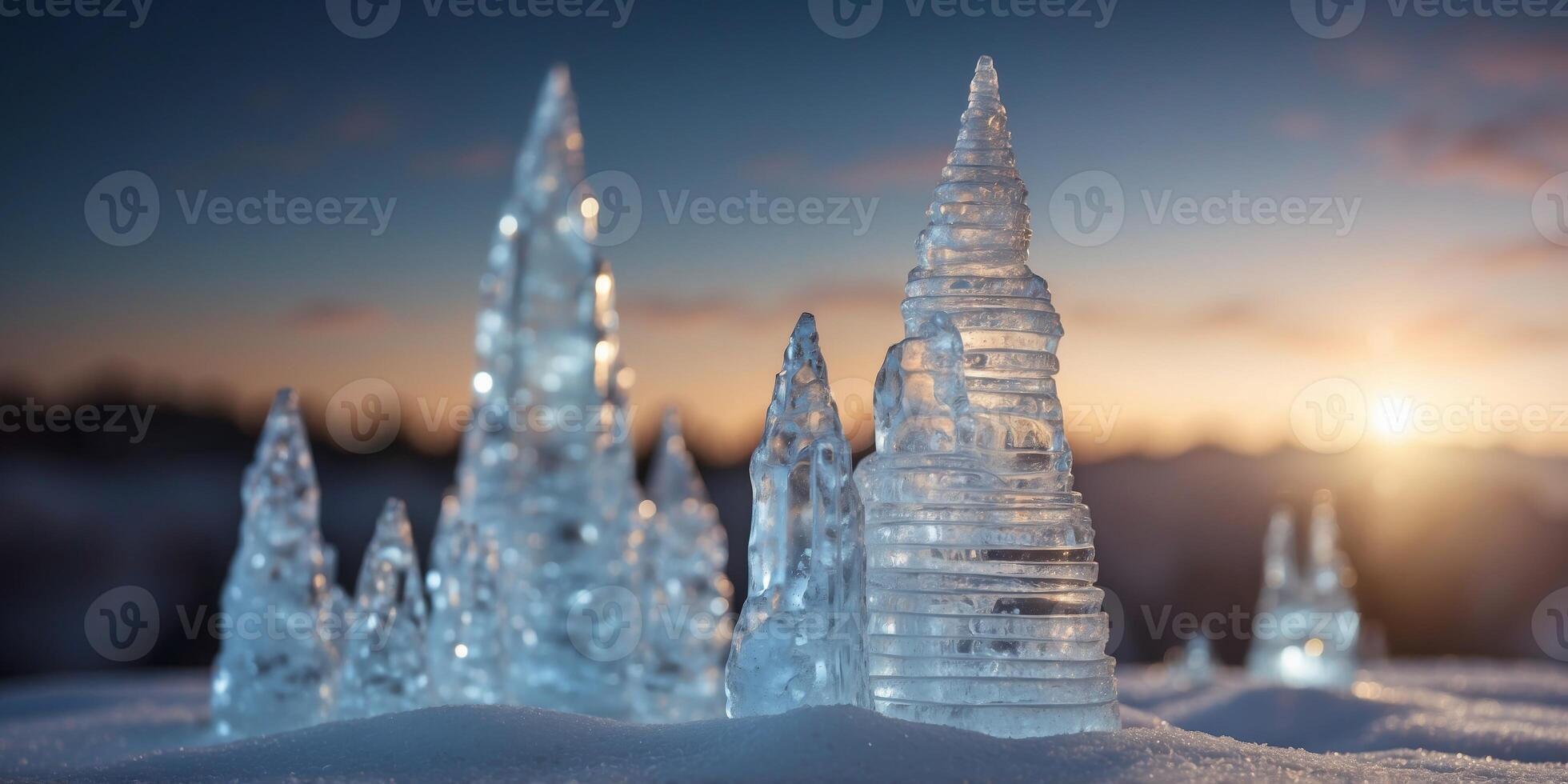A frozen landscape where the ice formations resemble towering, spiked structures. photo