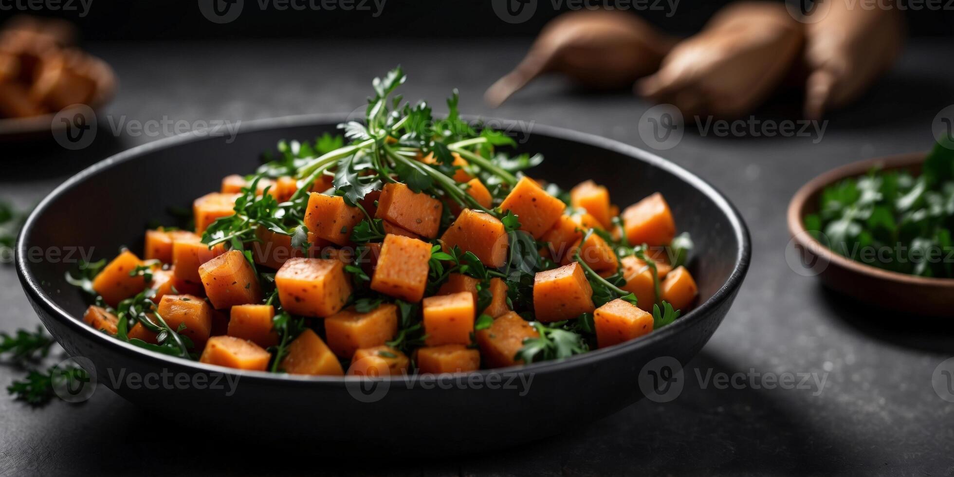 Close up view on a Sweet Potato Hash with greens in a black bowl on a black table. photo