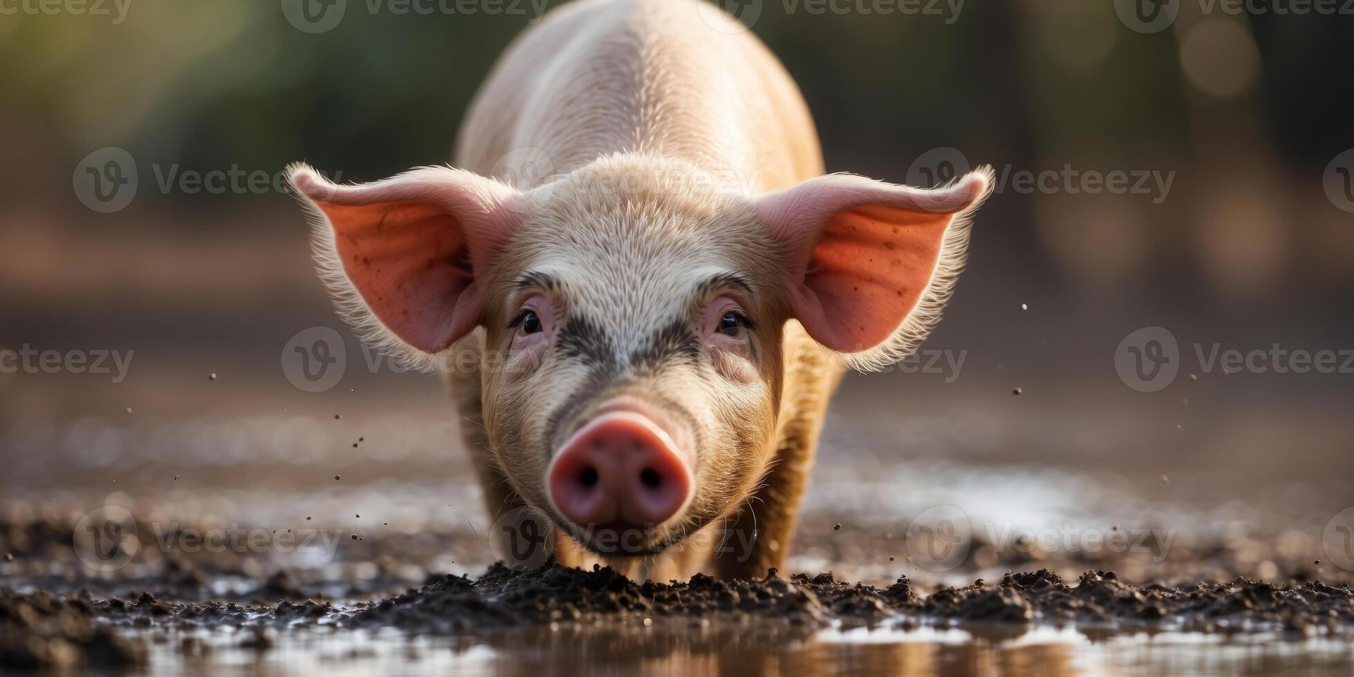 Shot of curious pig investigating fresh mud. photo