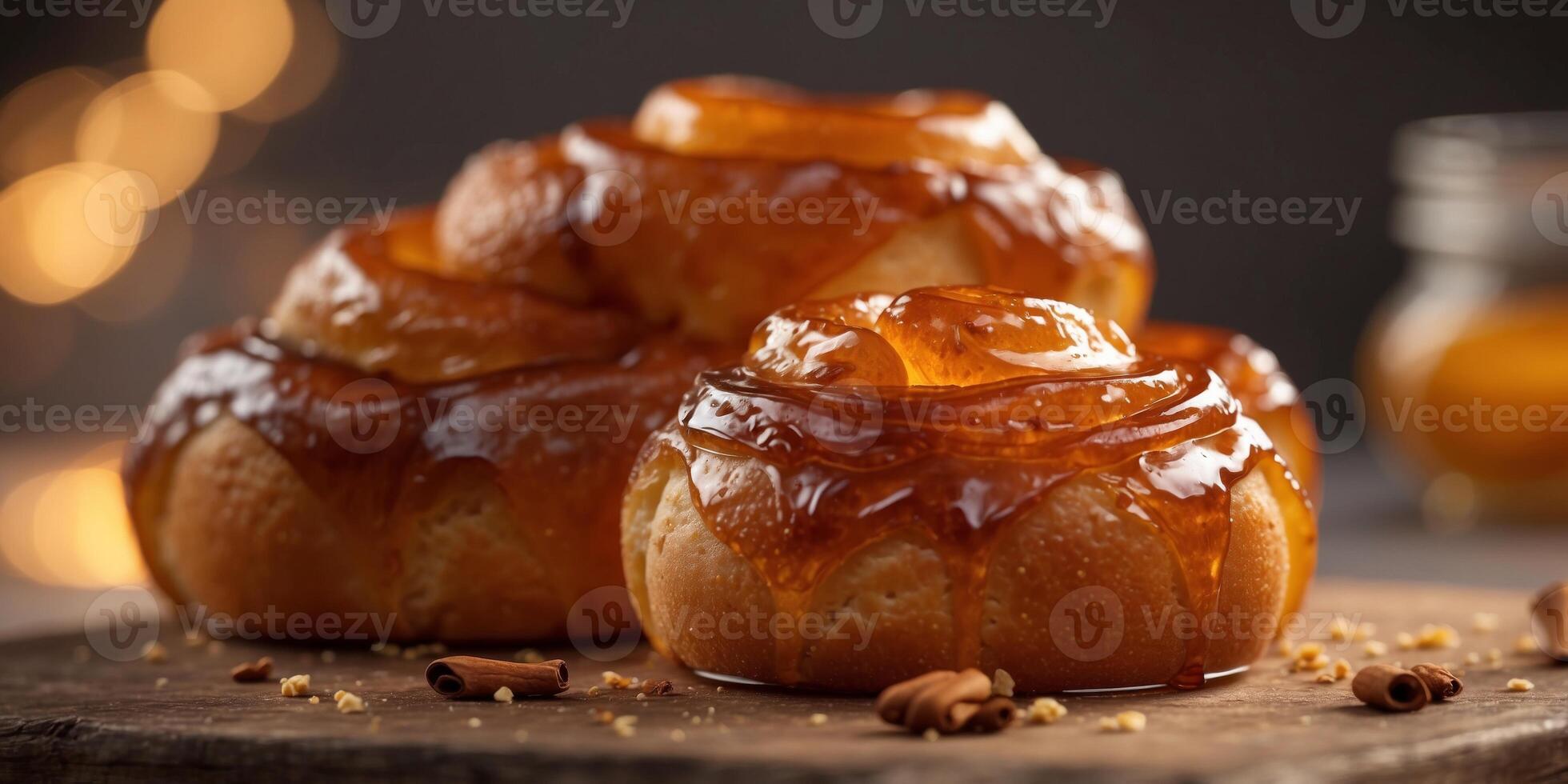 pastry sticky bun bread snack with honey cinnamon. photo