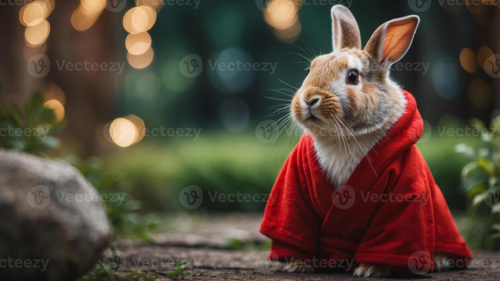 Rabbit Dressed in Traditional Red Robe Celebrating Lunar New Year Festivities in a Green Garden. photo